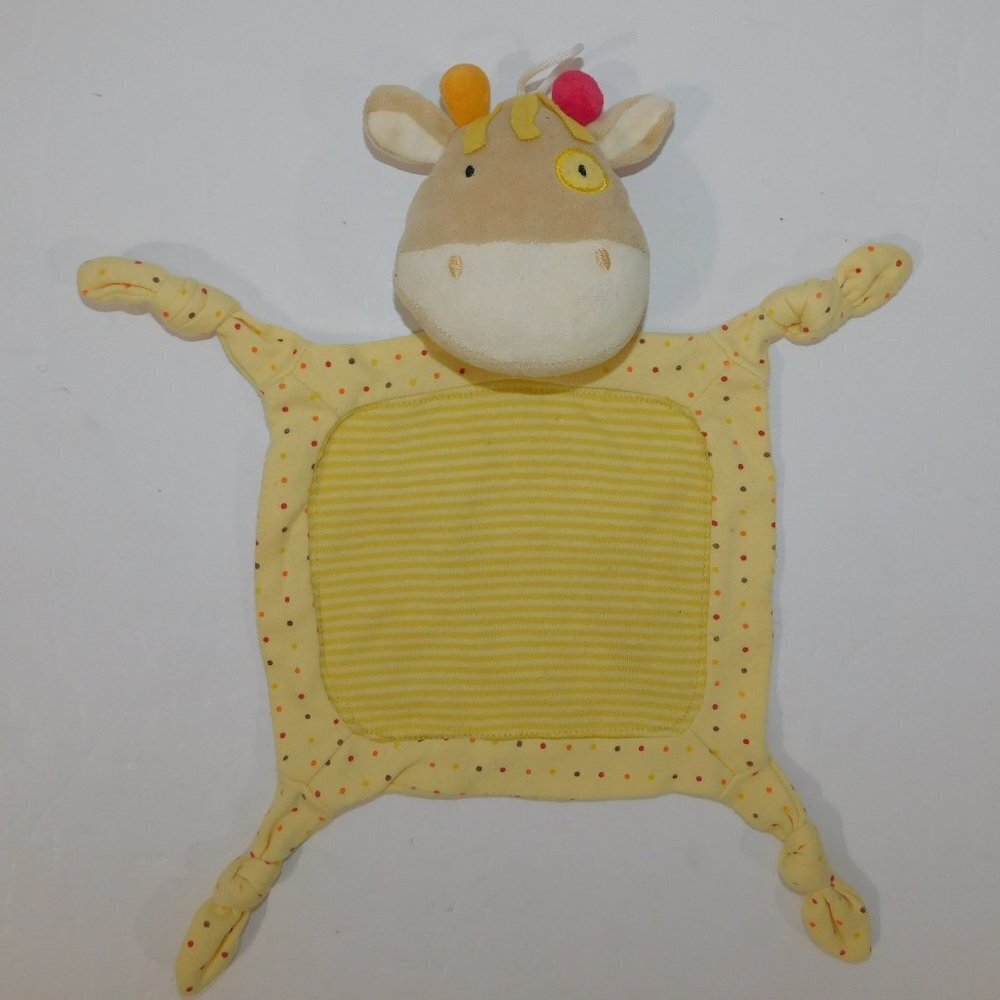 Tan Yellow Rattle Cow Polka Dots Stripes Knotted Corners Security Blanket